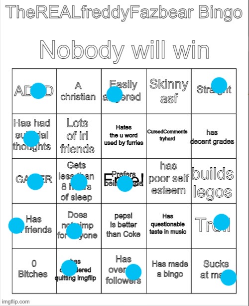 TheREALFreddyFazbear's bingo | image tagged in therealfreddyfazbear's bingo | made w/ Imgflip meme maker