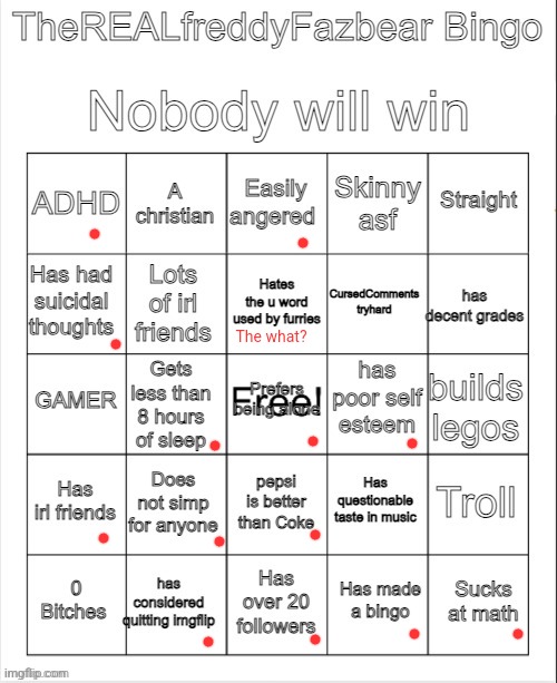 TheREALFreddyFazbear's bingo | The what? | image tagged in therealfreddyfazbear's bingo | made w/ Imgflip meme maker