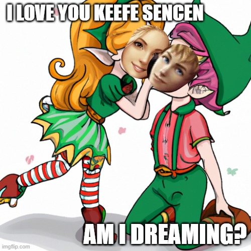 cute girl elf kissing a boy elf | I LOVE YOU KEEFE SENCEN; AM I DREAMING? | image tagged in cute girl elf kissing a boy elf | made w/ Imgflip meme maker