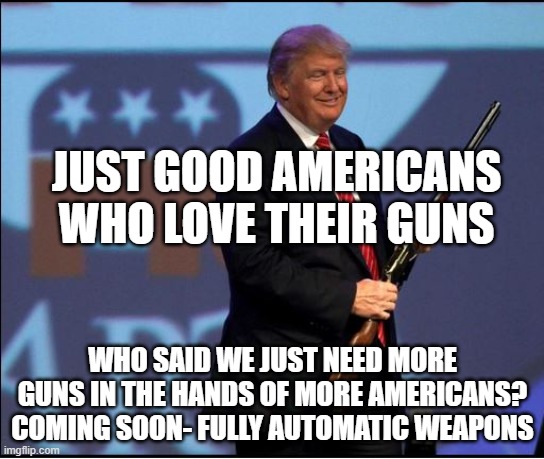 More guns- always the answer to all shootings- reich? | JUST GOOD AMERICANS WHO LOVE THEIR GUNS; WHO SAID WE JUST NEED MORE GUNS IN THE HANDS OF MORE AMERICANS? COMING SOON- FULLY AUTOMATIC WEAPONS | image tagged in trump nra | made w/ Imgflip meme maker