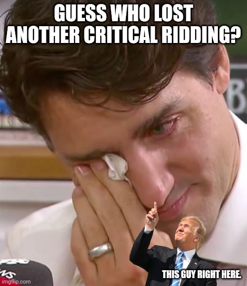 Na-na, na-na-na-na, hey-eh-eh, goodbye... | GUESS WHO LOST ANOTHER CRITICAL RIDDING? THIS GUY RIGHT HERE. | image tagged in justin trudeau crying | made w/ Imgflip meme maker