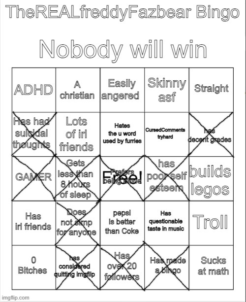 TheREALFreddyFazbear's bingo | image tagged in therealfreddyfazbear's bingo | made w/ Imgflip meme maker