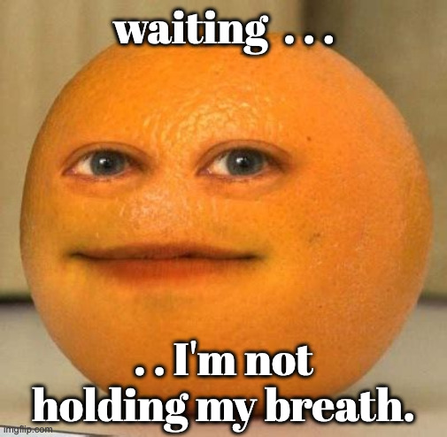 Waiting | waiting  . . . . . I'm not holding my breath. | image tagged in annoying orange suprised | made w/ Imgflip meme maker