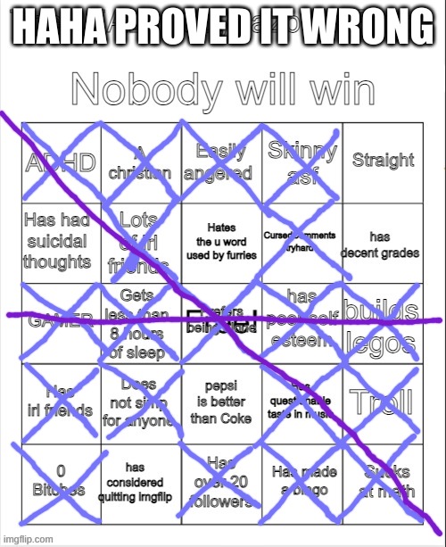 TheREALFreddyFazbear's bingo | HAHA PROVED IT WRONG | image tagged in therealfreddyfazbear's bingo | made w/ Imgflip meme maker