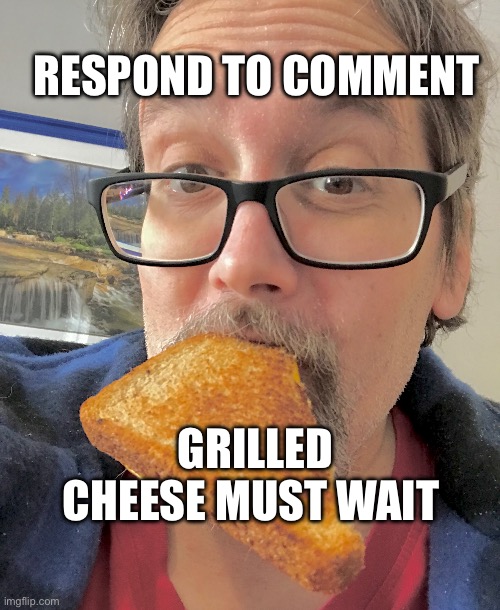 Respond to comment before grilled cheese | RESPOND TO COMMENT; GRILLED CHEESE MUST WAIT | image tagged in funny memes,grilled cheese | made w/ Imgflip meme maker