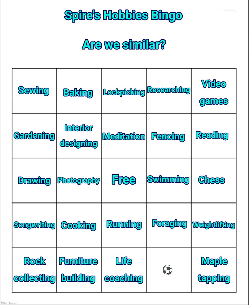 Do my bingo if you're bored | image tagged in spire's hobbies bingo | made w/ Imgflip meme maker