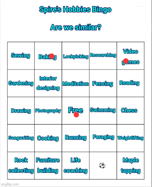 Spire's Hobbies Bingo | image tagged in spire's hobbies bingo | made w/ Imgflip meme maker