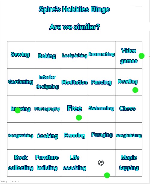 Spire's Hobbies Bingo | image tagged in spire's hobbies bingo | made w/ Imgflip meme maker