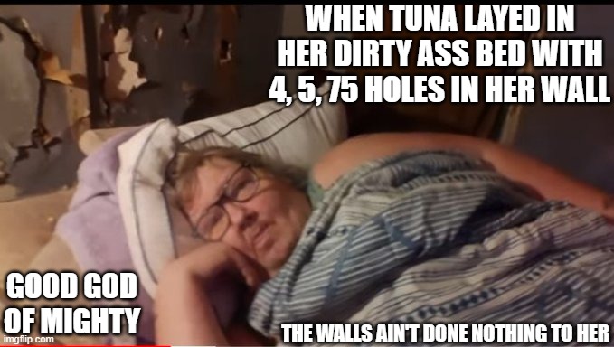 Tina Dandridge | WHEN TUNA LAYED IN HER DIRTY ASS BED WITH 4, 5, 75 HOLES IN HER WALL; GOOD GOD OF MIGHTY; THE WALLS AIN'T DONE NOTHING TO HER | image tagged in funny memes | made w/ Imgflip meme maker