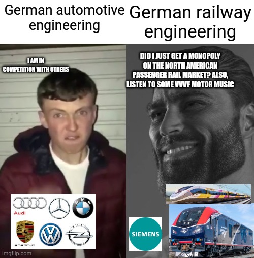 Average Fan vs Average Enjoyer | German railway engineering; German automotive engineering; DID I JUST GET A MONOPOLY ON THE NORTH AMERICAN PASSENGER RAIL MARKET? ALSO, LISTEN TO SOME VVVF MOTOR MUSIC; I AM IN COMPETITION WITH OTHERS | image tagged in average fan vs average enjoyer | made w/ Imgflip meme maker