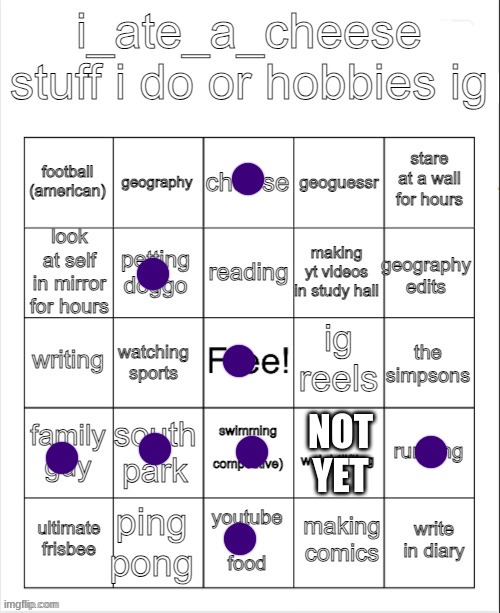 i_ate_a_cheese hobby bingo | NOT YET | image tagged in i_ate_a_cheese hobby bingo | made w/ Imgflip meme maker