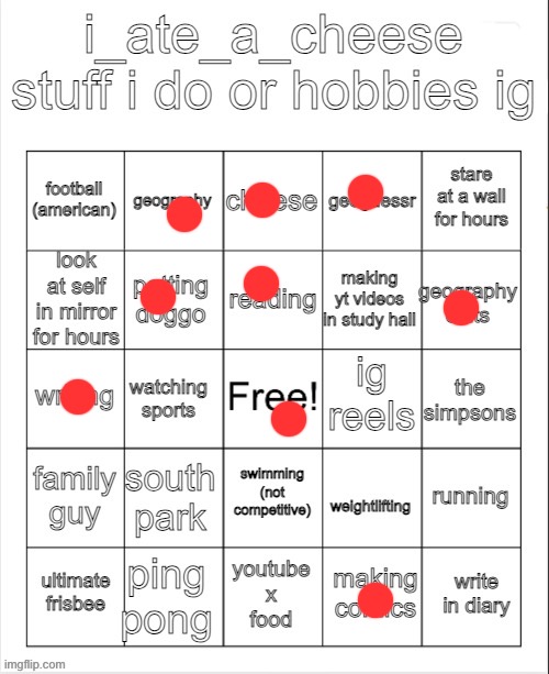 i_ate_a_cheese hobby bingo | image tagged in i_ate_a_cheese hobby bingo | made w/ Imgflip meme maker