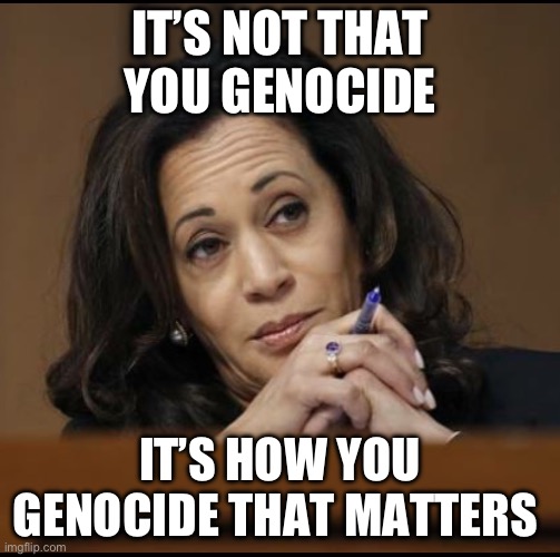 Kamala Harris  | IT’S NOT THAT YOU GENOCIDE; IT’S HOW YOU GENOCIDE THAT MATTERS | image tagged in kamala harris | made w/ Imgflip meme maker