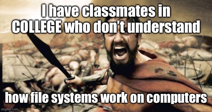 And then they call me tech savvy when I show them where the download folder is | I have classmates in COLLEGE who don’t understand; how file systems work on computers | image tagged in memes,sparta leonidas | made w/ Imgflip meme maker