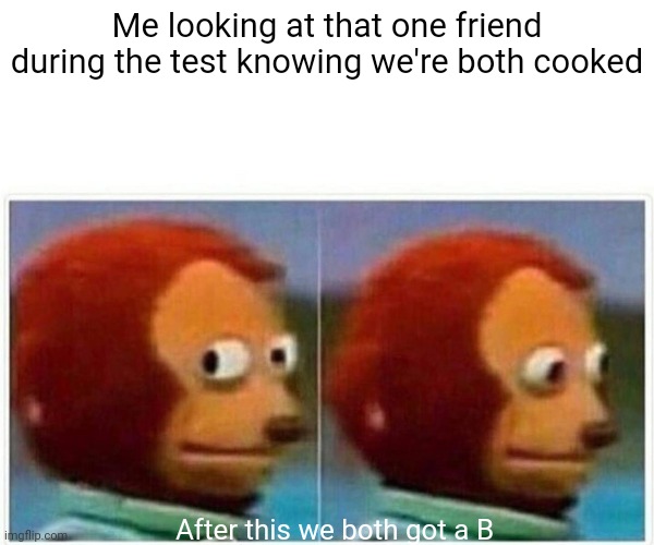 Monkey Puppet Meme | Me looking at that one friend during the test knowing we're both cooked; After this we both got a B | image tagged in memes,monkey puppet | made w/ Imgflip meme maker