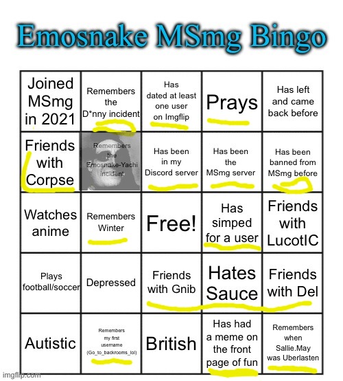 Emosnake MSmg Bingo | image tagged in emosnake msmg bingo | made w/ Imgflip meme maker