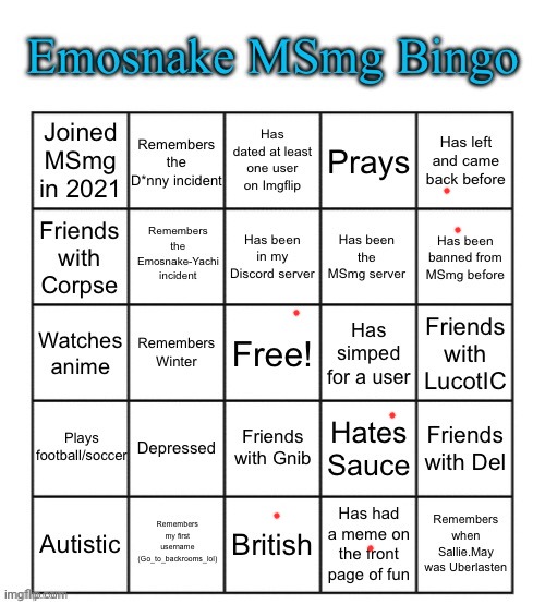 Emosnake MSmg Bingo | image tagged in emosnake msmg bingo | made w/ Imgflip meme maker