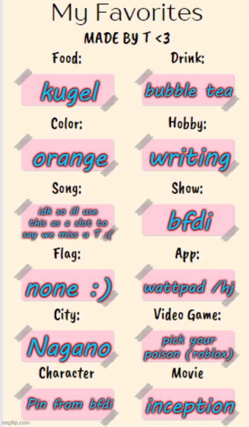 ............................ | bubble tea; kugel; writing; orange; idk so ill use this as a slot to say we miss u T :(; bfdi; none :); wattpad /hj; Nagano; pick your poison (roblox); Pin from bfdi; inception | image tagged in my favorites made by t | made w/ Imgflip meme maker