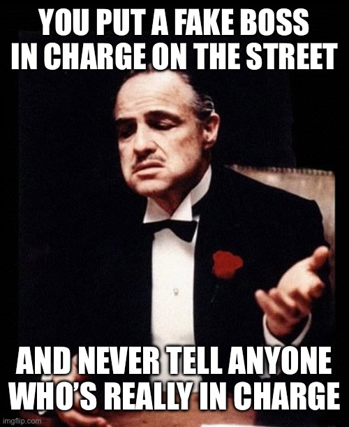 mafia don corleone | YOU PUT A FAKE BOSS IN CHARGE ON THE STREET AND NEVER TELL ANYONE WHO’S REALLY IN CHARGE | image tagged in mafia don corleone | made w/ Imgflip meme maker