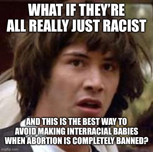 Conspiracy Keanu Meme | WHAT IF THEY’RE ALL REALLY JUST RACIST AND THIS IS THE BEST WAY TO AVOID MAKING INTERRACIAL BABIES WHEN ABORTION IS COMPLETELY BANNED? | image tagged in memes,conspiracy keanu | made w/ Imgflip meme maker