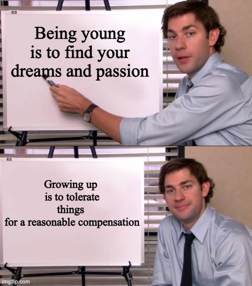 Jim Halpert Explains | Being young is to find your dreams and passion; Growing up 
is to tolerate things 
for a reasonable compensation | image tagged in jim halpert explains,grow up,adulthood | made w/ Imgflip meme maker