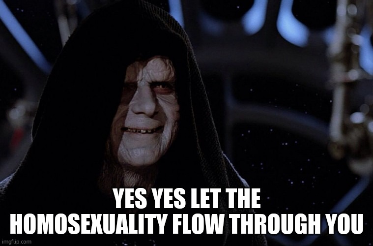 yes yes let the hate flow through you | YES YES LET THE HOMOSEXUALITY FLOW THROUGH YOU | image tagged in yes yes let the hate flow through you | made w/ Imgflip meme maker