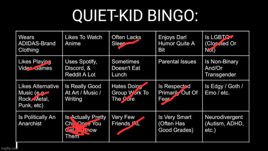 Quiet Kid Bingo | image tagged in quiet kid bingo | made w/ Imgflip meme maker