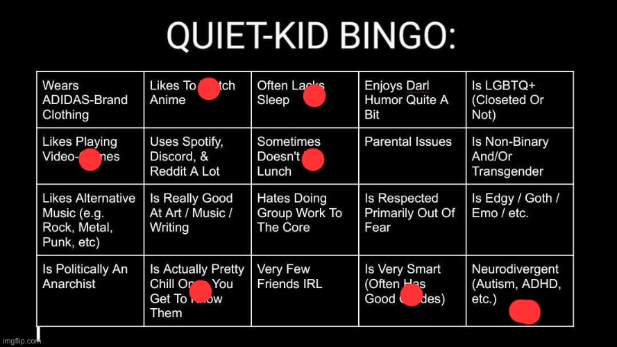 Quiet Kid Bingo | image tagged in quiet kid bingo | made w/ Imgflip meme maker