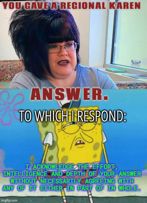 For the occasional erudite and rational answer from an opposing viewpoint. Politically speaking. | YOU GAVE A REGIONAL KAREN; ANSWER. TO WHICH I RESPOND:; I ACKNOWLEDGE THE EFFORT, INTELLIGENCE AND DEPTH OF YOUR ANSWER WITHOUT NECESSARILY AGREEING WITH ANY OF IT EITHER IN PART OF IN WHOLE. | image tagged in mega karen,sponge bob wtf | made w/ Imgflip meme maker