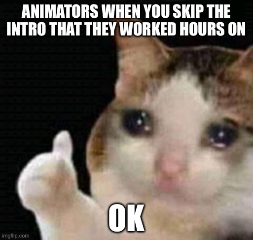 I am guilty of this. You? | ANIMATORS WHEN YOU SKIP THE INTRO THAT THEY WORKED HOURS ON; OK | image tagged in sad thumbs up cat | made w/ Imgflip meme maker