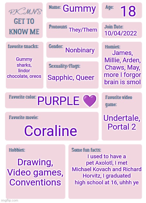 Just realized I never did this | 18; Gummy; They/Them; 10/04/2022; Nonbinary; James, Millie, Arden, Chaws, May, more I forgor brain is smol; Gummy sharks, lindor chocolate, oreos; Sapphic, Queer; PURPLE 💜; Undertale, Portal 2; Coraline; I used to have a pet Axolotl, I met Michael Kovach and Richard Horvitz, I graduated high school at 16, uhhh ye; Drawing, Video games, Conventions | image tagged in pkmn's get to know me | made w/ Imgflip meme maker
