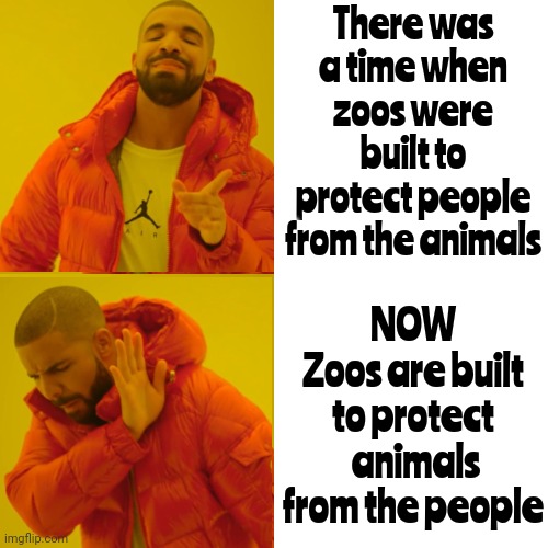 U'll Need 2 Fill Out An Application, Get Approved & Then B Put On A Waiting List 4 10 Years B4 U Get N2 Yellowstone N The Future | There was a time when zoos were built to protect people from the animals; NOW
Zoos are built to protect  animals from the people | image tagged in memes,drake hotline bling,people,ignorant people,selfish people,poor animals | made w/ Imgflip meme maker