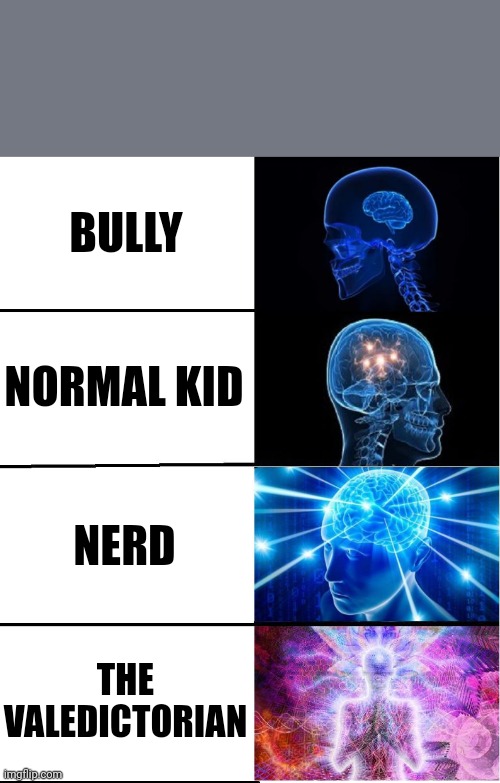 Types of students be like | BULLY; NORMAL KID; NERD; THE VALEDICTORIAN | image tagged in galaxy brain | made w/ Imgflip meme maker