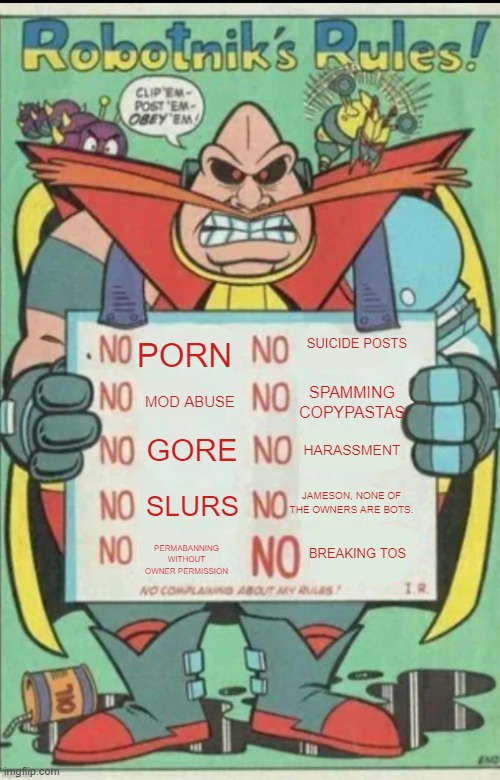 Would yall follow the rules if they were presented this way | PОRN; SUICIDE POSTS; SPAMMING COPYPASTAS; MOD ABUSE; GORE; HARASSMENT; JAMESON, NONE OF THE OWNERS ARE BOTS. SLURS; PERMABANNING WITHOUT OWNER PERMISSION; BREAKING TOS | image tagged in robotnik rules | made w/ Imgflip meme maker