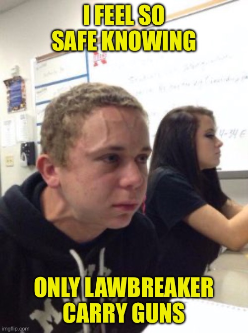 Man triggered at school | I FEEL SO SAFE KNOWING ONLY LAWBREAKER CARRY GUNS | image tagged in man triggered at school | made w/ Imgflip meme maker