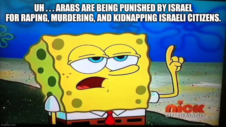 spongebob ill have you know  | UH . . . ARABS ARE BEING PUNISHED BY ISRAEL FOR RAPING, MURDERING, AND KIDNAPPING ISRAELI CITIZENS. | image tagged in spongebob ill have you know | made w/ Imgflip meme maker