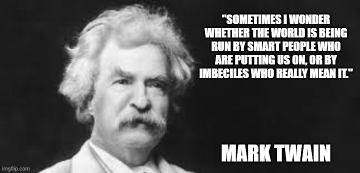 memes by Brad - Mark Twain famous political quote - | "SOMETIMES I WONDER WHETHER THE WORLD IS BEING RUN BY SMART PEOPLE WHO ARE PUTTING US ON, OR BY IMBECILES WHO REALLY MEAN IT."; MARK TWAIN | image tagged in funny,mark twain,political meme,famous quotes,humor,politicians | made w/ Imgflip meme maker