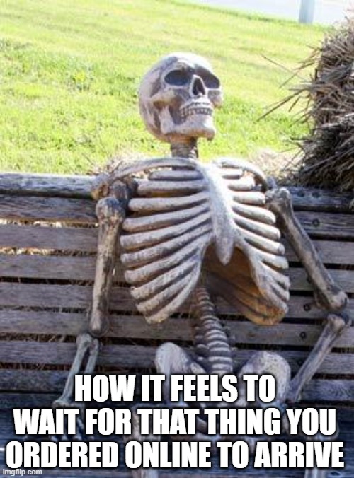 It feels way longer than it actually is. | HOW IT FEELS TO WAIT FOR THAT THING YOU ORDERED ONLINE TO ARRIVE | image tagged in memes,waiting skeleton,ill just wait here,online shopping,delivery | made w/ Imgflip meme maker