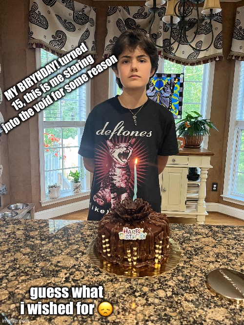 dont mind my crooked deftones shirt | MY BIRYHDAY! turned 15, this is me staring jnto the void for some reason; guess what i wished for 😞 | image tagged in birthday,lesbian,jazzy,justiceforjazzy,howard,15 | made w/ Imgflip meme maker