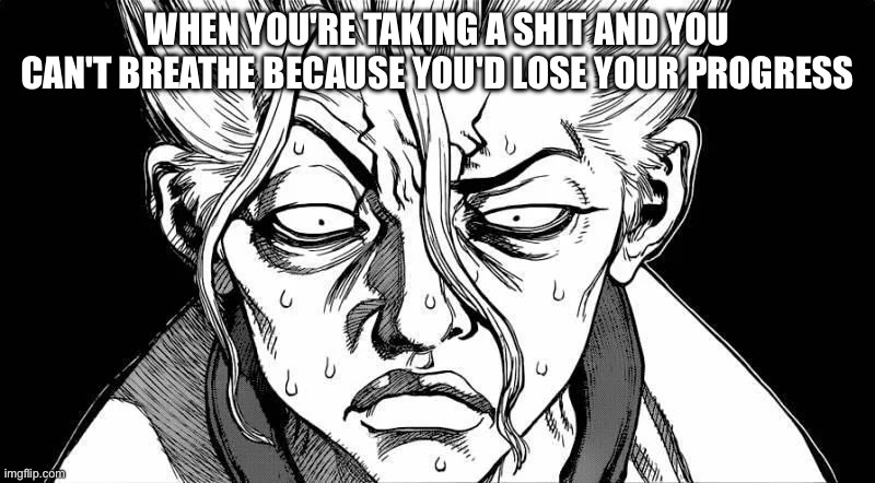 This sucks frfr | WHEN YOU'RE TAKING A SHIT AND YOU CAN'T BREATHE BECAUSE YOU'D LOSE YOUR PROGRESS | image tagged in senku,meme,relatable,funny,repost,shitpost | made w/ Imgflip meme maker