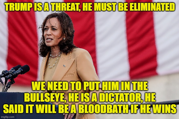 How did we get here | TRUMP IS A THREAT, HE MUST BE ELIMINATED; WE NEED TO PUT HIM IN THE BULLSEYE, HE IS A DICTATOR, HE SAID IT WILL BE A BLOODBATH IF HE WINS | image tagged in kamala harris,vice president,propaganda,maga,make america great again,assassination | made w/ Imgflip meme maker