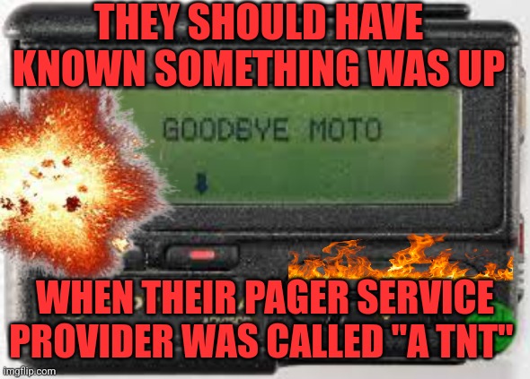 All the hints were there | THEY SHOULD HAVE KNOWN SOMETHING WAS UP; WHEN THEIR PAGER SERVICE PROVIDER WAS CALLED "A TNT" | image tagged in pager,server | made w/ Imgflip meme maker