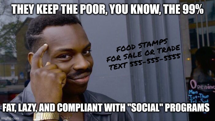 Roll Safe Think About It Meme | THEY KEEP THE POOR, YOU KNOW, THE 99% FAT, LAZY, AND COMPLIANT WITH "SOCIAL" PROGRAMS FOOD STAMPS FOR SALE OR TRADE
TEXT 555-555-5555 | image tagged in memes,roll safe think about it | made w/ Imgflip meme maker