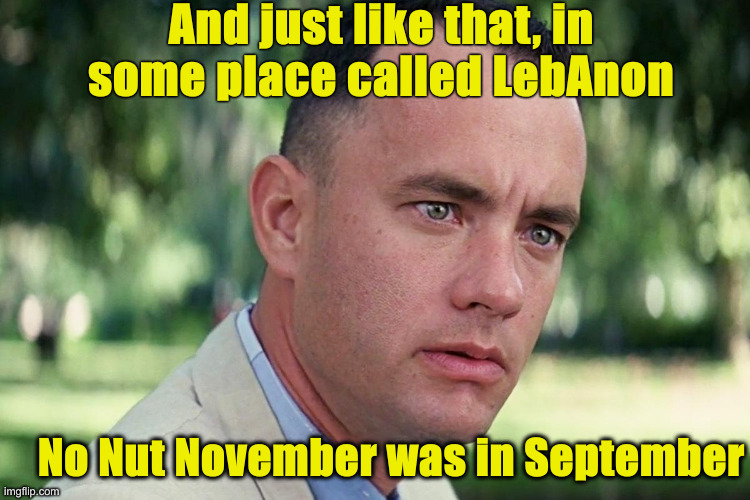 Paging Dr. Ironikal, Paging Dr. Ironikal | And just like that, in some place called LebAnon; No Nut November was in September | image tagged in forrest gump - and just like that - hd,political meme,politics,funny memes,funny | made w/ Imgflip meme maker