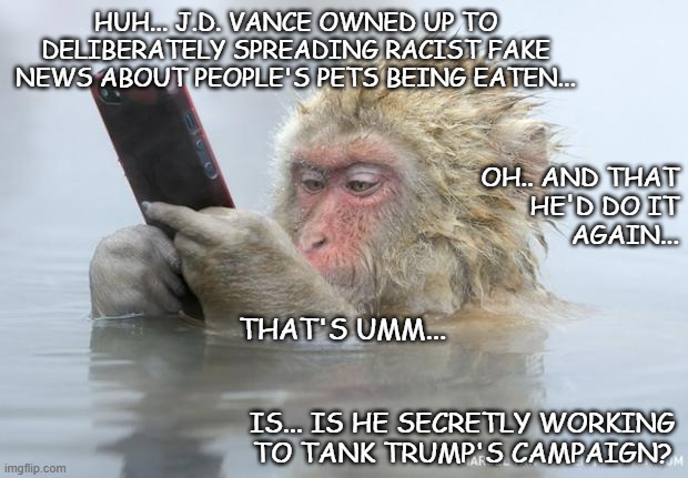 "I mean... ya gotta wonder..." *OR* "Sleeper agent" *OR* "Not to look in the gift horse's mouth but..." | HUH... J.D. VANCE OWNED UP TO DELIBERATELY SPREADING RACIST FAKE NEWS ABOUT PEOPLE'S PETS BEING EATEN... OH.. AND THAT
HE'D DO IT
AGAIN... THAT'S UMM... IS... IS HE SECRETLY WORKING
TO TANK TRUMP'S CAMPAIGN? | image tagged in monkey mobile phone,questions,sus,too convenient | made w/ Imgflip meme maker