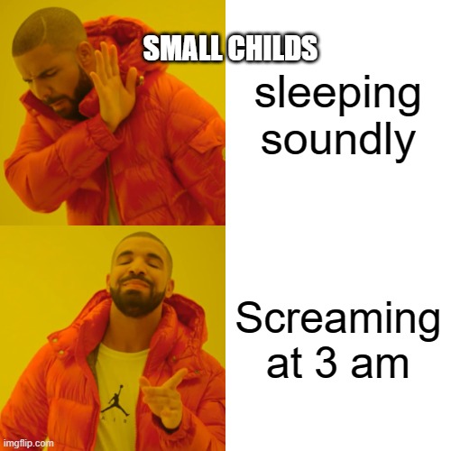 Those pesky childs | SMALL CHILDS; sleeping soundly; Screaming at 3 am | image tagged in memes,drake hotline bling | made w/ Imgflip meme maker