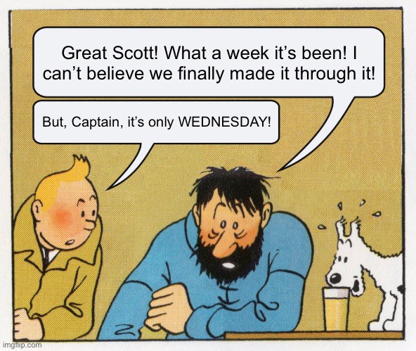 What a week huh | Great Scott! What a week it’s been! I can’t believe we finally made it through it! But, Captain, it’s only WEDNESDAY! | image tagged in what a week huh | made w/ Imgflip meme maker