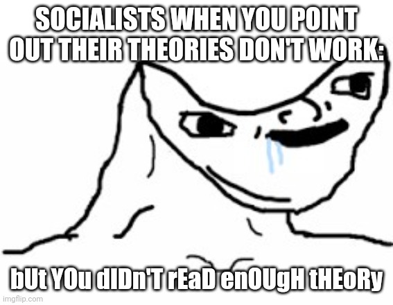 Drooling Brainless Idiot | SOCIALISTS WHEN YOU POINT OUT THEIR THEORIES DON'T WORK:; bUt YOu dIDn'T rEaD enOUgH tHEoRy | image tagged in drooling brainless idiot | made w/ Imgflip meme maker