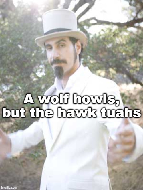 Serj Tankian | A wolf howls, but the hawk tuahs | image tagged in serj tankian | made w/ Imgflip meme maker