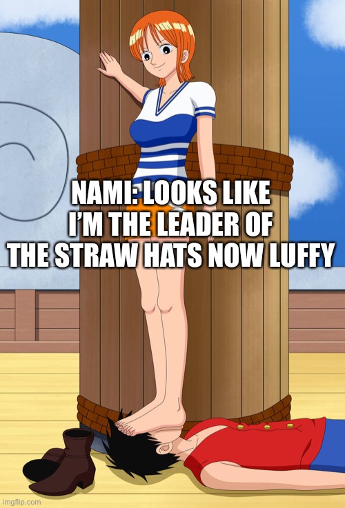 Nami defeats Luffy | NAMI: LOOKS LIKE I’M THE LEADER OF THE STRAW HATS NOW LUFFY | image tagged in nami,luffy,one piece,leader,pirates | made w/ Imgflip meme maker